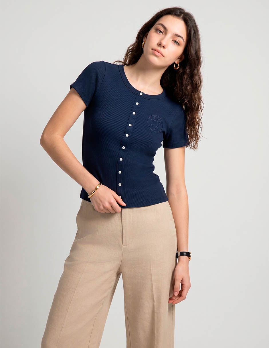 Manga Corta Primavera Cuello Henley Para Mujer