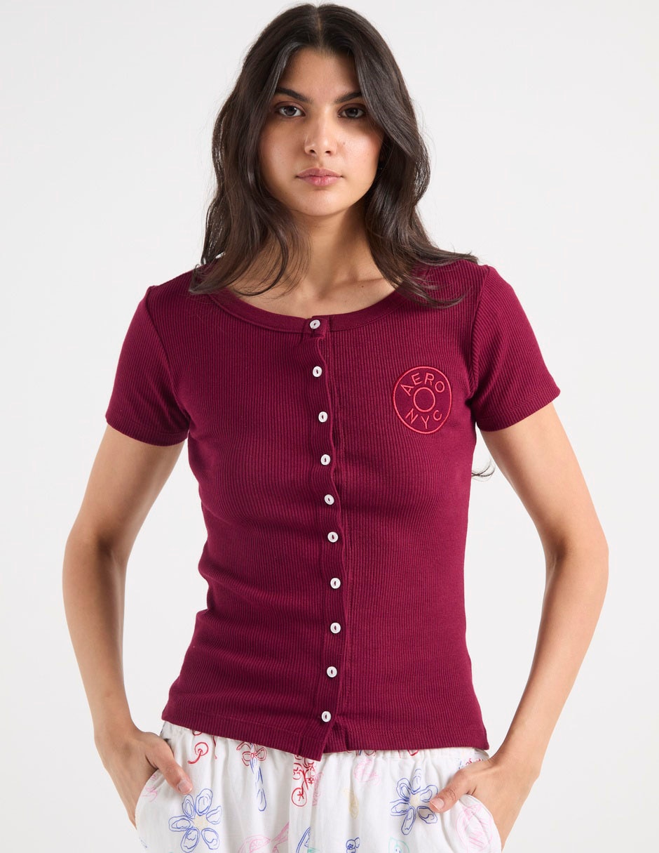 Manga Corta Primavera Cuello Henley Para Mujer