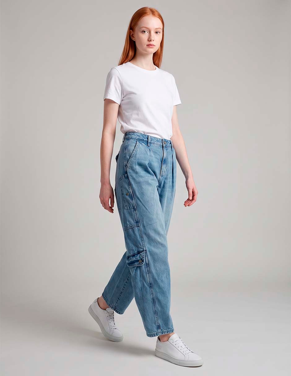 Jeans cargo barrel corte media cintura para mujer